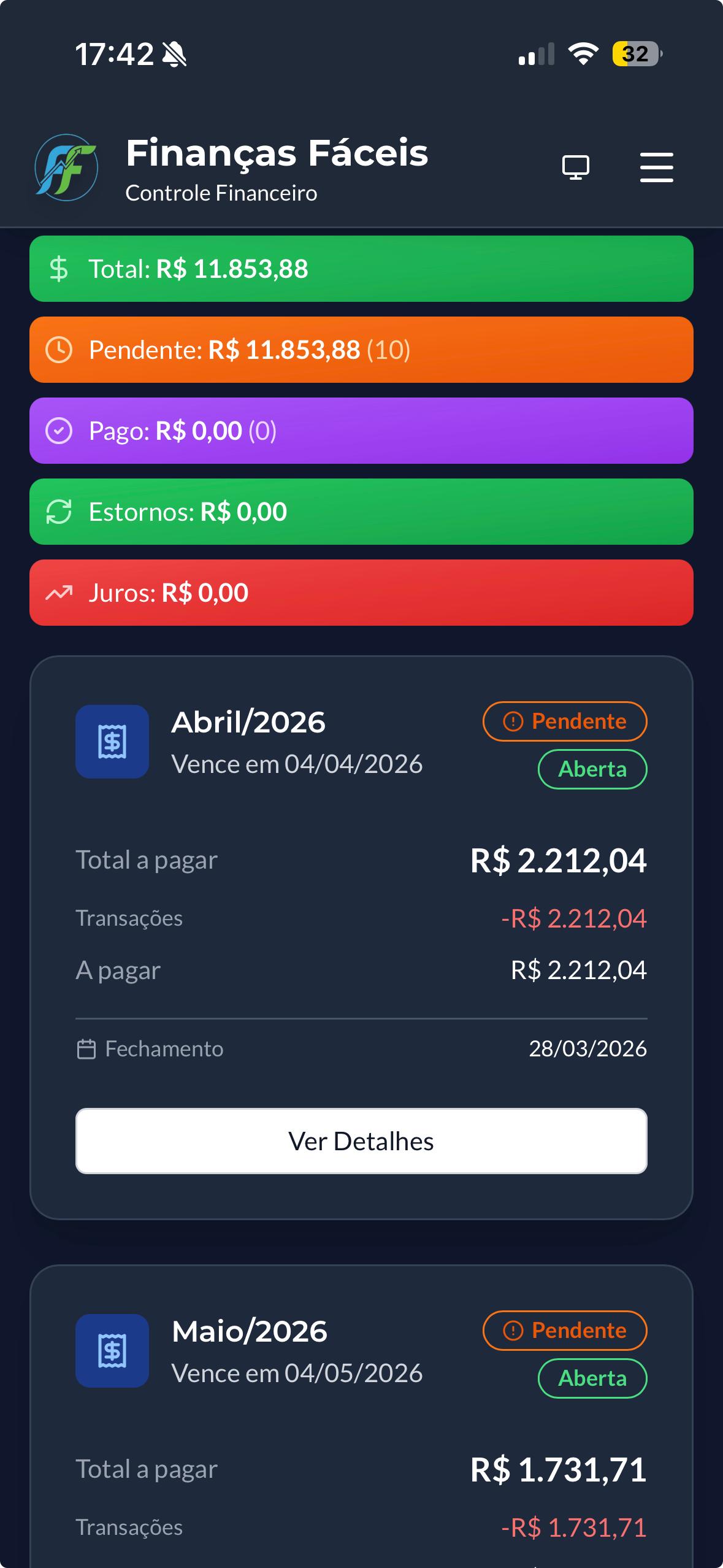 Tela de cartões de crédito no Finanças Fáceis