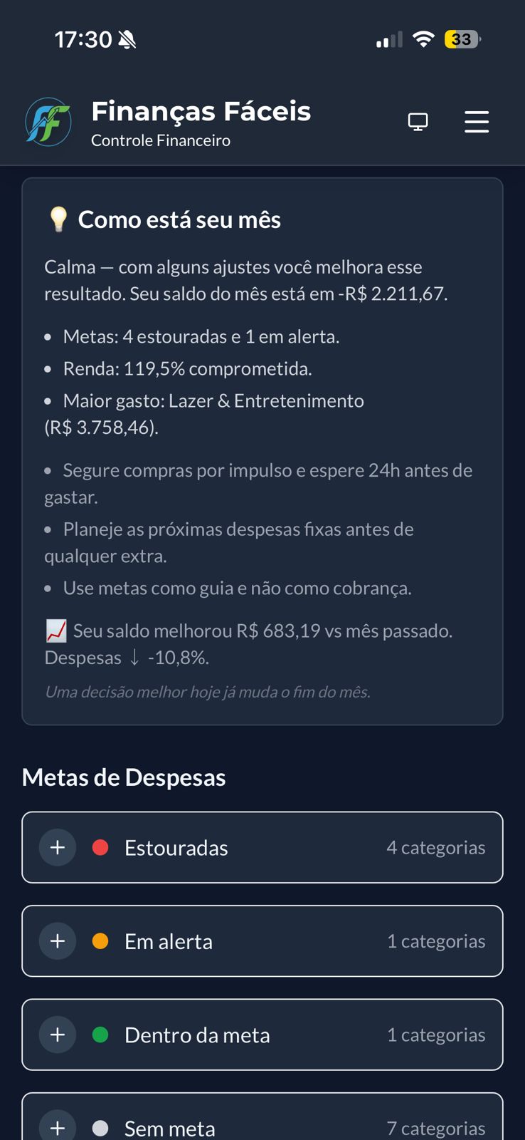 Dashboard do Finanças Fáceis