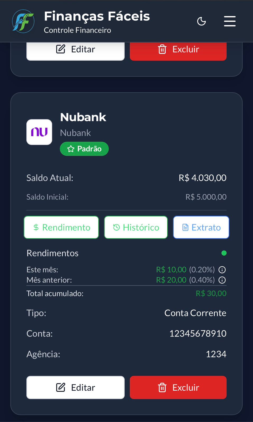 Tela de contas bancárias